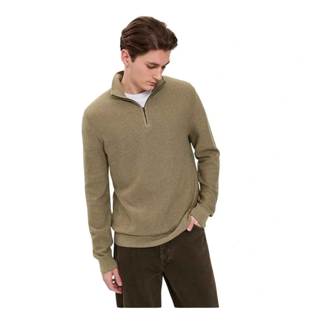 Vince Geo Jacquard Quarter Zip Wool Cashmere Blend Sweater Teton/River Sand Sz M